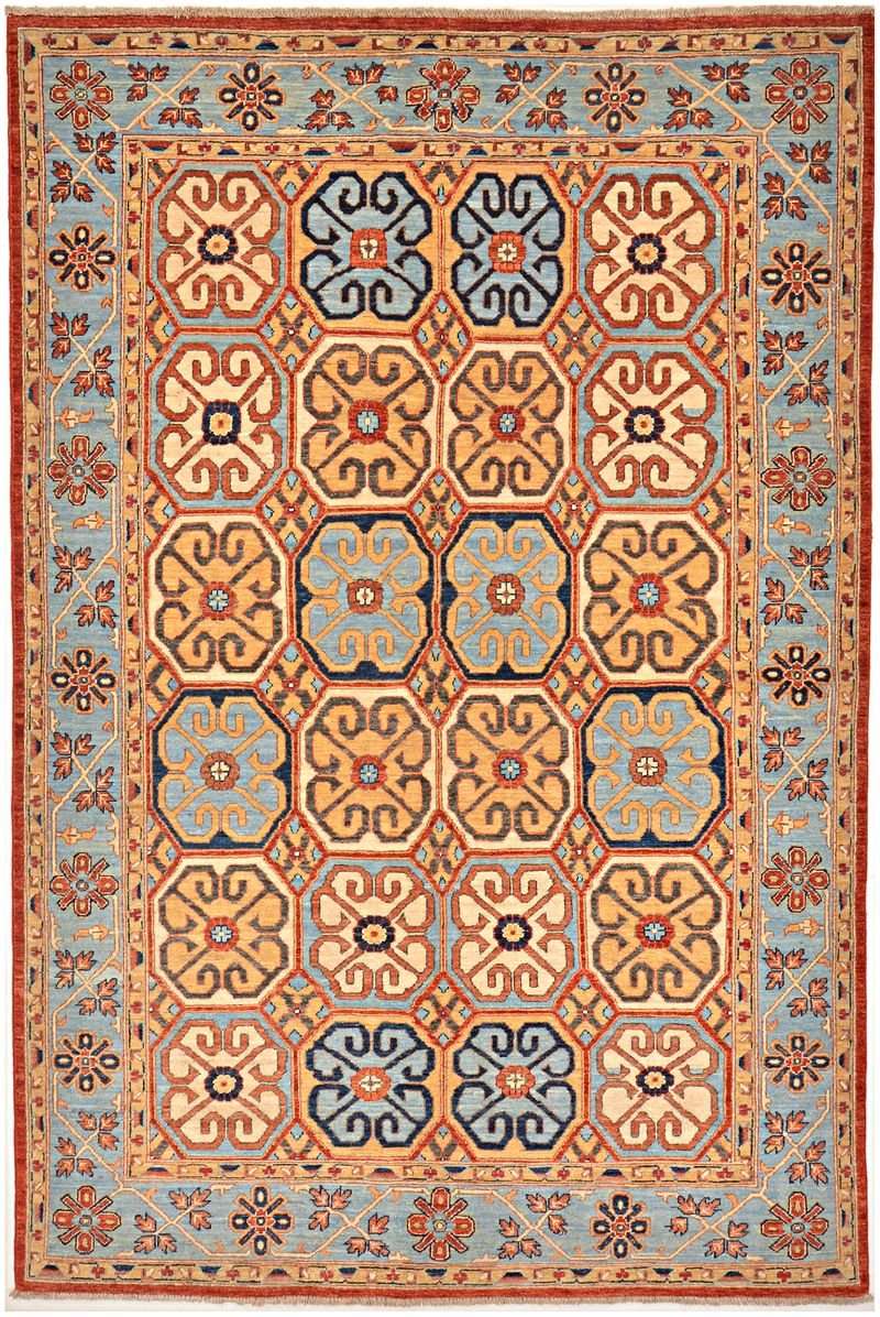 Farhan Area Rug – Light Blue Field with Octagonal Panel Design, Hand-Knotted Wool Rug, 8'10" x 5'10" | Rug 45480 - Carpetery
