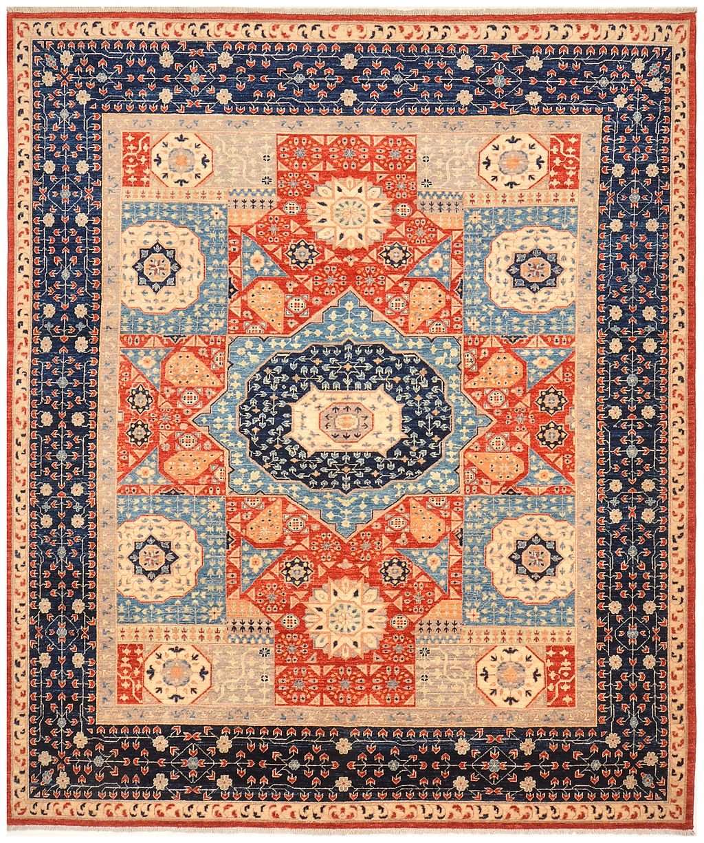 Farhan Area Rug – Navy & Red Central Star Medallion Design, Hand-Knotted Wool Rug, 9'8" x 8'0" | Rug 48308 - Carpetery